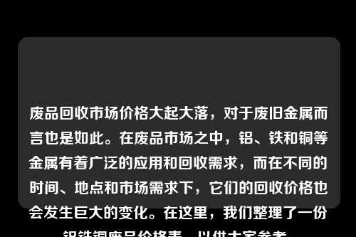 废品回收市场价格大起大落，对于废旧金属而言也是如此。在废品市场之中，铝、铁和铜等金属有着广泛的应用和回收需求，而在不同的时间、地点和市场需求下，它们的回收价格也会发生巨大的变化。在这里，我们整理了一份铝铁铜废品价格表，以供大家参考。