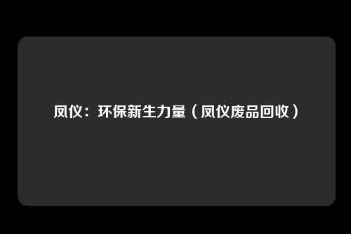 凤仪:环保新生力量(凤仪废品回收)